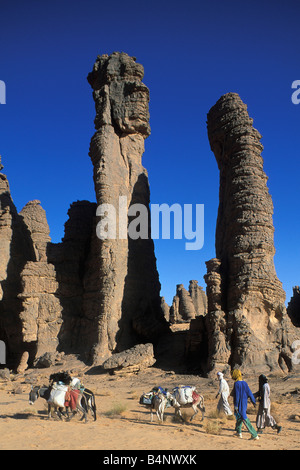 Algerien in der Nähe von Djanet Tassili Plateau Männer der Tuareg Stamm und Esel Sahara Wüste Stockfoto