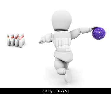 3D Rendering einer Person, die 10 pin bowling Stockfoto