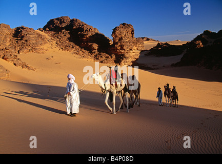 Algerien in der Nähe von Djanet Männer der Tuareg Stamm und Sahara Kamel-Karawane Stockfoto