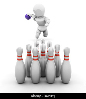 3D Rendering einer Person, die 10 pin bowling Stockfoto