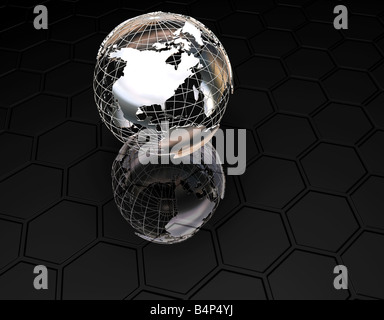 3D Drahtgitter Globus auf strukturiertem schwarzem Hintergrund Stockfoto
