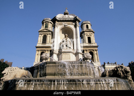 Kirche Saint-Sulpice, Brunnen der vier Bischöfe. Paris, Frankreich. Römisch-katholische Basilika. Linkes Ufer, Place Saint-Sulpice. Barocke Architektur. Stockfoto