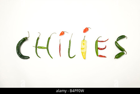 Das Wort Chilis mit verschiedenen Chili Peppers ausgeschrieben Stockfoto