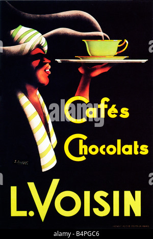 Cafes Chocolats Voisin 1935 Art-Deco-Plakat für die französischen Anbieter von Kaffee und heiße Schokolade Stockfoto