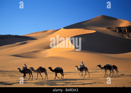 Algerien in der Nähe von Djanet Männer der Tuareg Stamm Kamel-Karawane Wüste Sahara Stockfoto