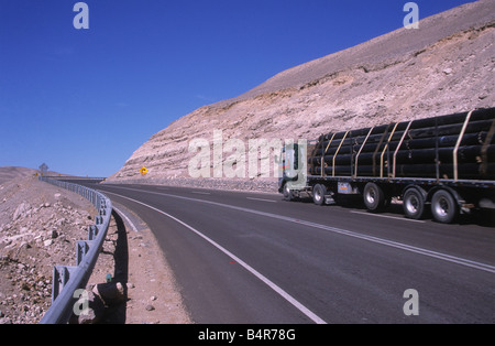 LKW mit Abflussrohren auf dem Panamerikanischen Highway/Ruta 5 zwischen Iquique und Arica, Chile Stockfoto