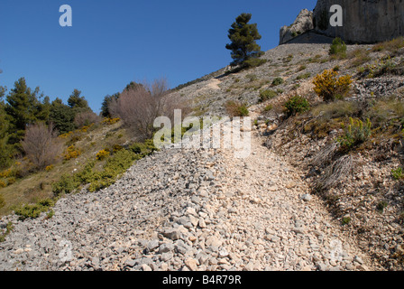 Pfad und Geröll Hang in der Nähe von Els Frares Rock Zinnen, Sierra de Serrella, Comtat, Provinz Alicante, Comunidad Valenciana, Spanien Stockfoto