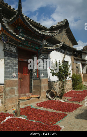 China, Provinz Yunnan, Erhai Hu Seengebiet, Chilischoten trocknen Stockfoto