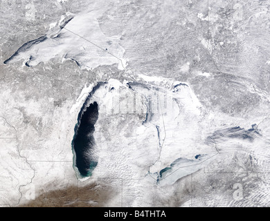 Satelliten-Ansicht der großen Seen, USA Winter Stockfoto