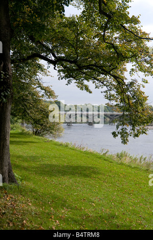 Der Fluss Ribble alte Straßenbahn Brücke und Avenham Park Preston Lancashire England UK-Herbst Stockfoto