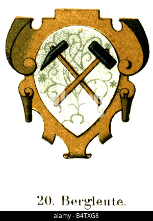 Heraldik, Embleme, Zünfte, Gildenembleme, Handelszunft, Bergleute, Gravur, um ca. 1880, Stockfoto
