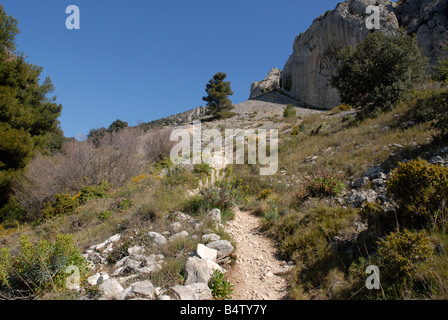 Geröllhalde und Pfad zu Els Frares rock Zinnen, Comtat, Provinz Alicante, Comunidad Valenciana, Sierra de Serrella, Spanien Stockfoto