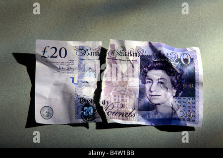 Zerrissene £20 britischen Banknote. Stockfoto