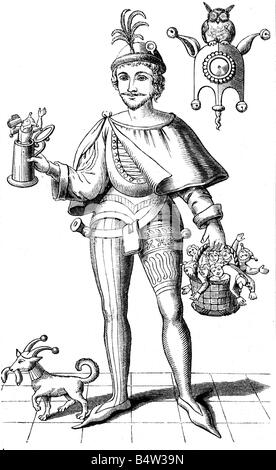 Eulenspiegel, Till (1300 - 1350), deutscher Joker, volle Länge, Holzgravur, nach zeitgleichen Bild, 19. Jahrhundert, Stockfoto