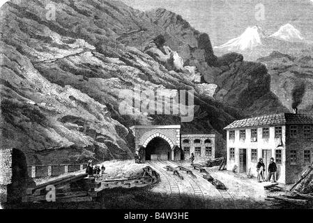 Architektur, Tunnel, Bau des Mont-Cenis-Tunnels, Eingang, Holzgravur von Poiret, im Jahr 1862, Stockfoto