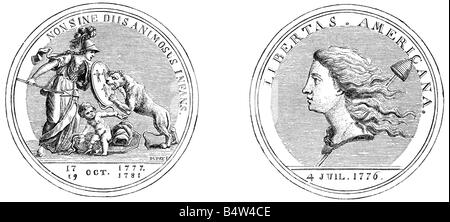 Ereignisse, amerikanischer revolutionärer Krieg 1775 - 1783, Politik, Allianz zwischen den USA und Frankreich, Medaille, Frankreich, 171, Holzgravur, 19. Jahrhundert, Allegorie, Herkules, Minerva, Britih-Löwe, Revolution, 18. Jahrhundert, historisch, historisch, Menschen, Stockfoto