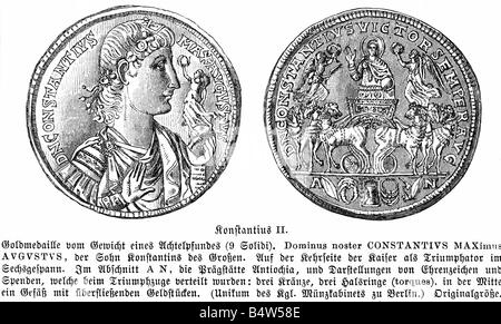 Constantius II., Flavius Iulius, 7.8.313 - 3.11.361, römischer Kaiser 9.9.337 - 3.11.361, Münze, Antiochia, ca. 350, Königliches Münzkabinett, Berlin, Holzgravur, 19. Jahrhundert, Stockfoto