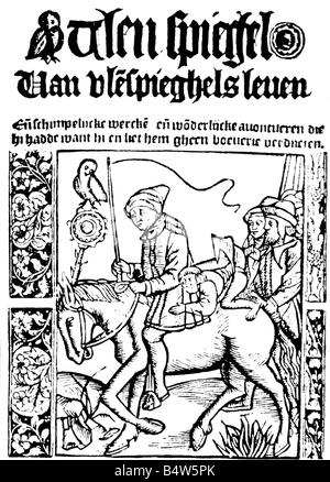 Eulenspiegel, Till (1300 - 1350), deutscher Joker, halbe Länge, Titel einer niederländischen Ausgabe des Eulenspiegels, 16. Jahrhundert, Stockfoto