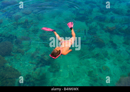 Schnorcheln auf Korallen im seichten Wasser Mabul Island Sabah Malaysia Stockfoto