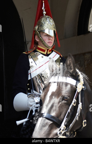 Soldat der Household Cavalry vom Blues and Royals Regiment montiert in Whitehall CIty of Westminster SW1 London England Stockfoto