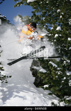 Skifahrer, die durch Bäume springen Stockfoto