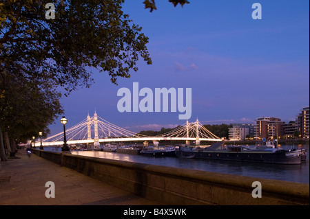 Beleuchtete Albert Brücke aus Chelsea Embankment bei Nacht London Vereinigtes Königreich Stockfoto