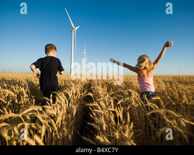 Kinder laufen durch hohen Weizenfeld am Windpark Stockfoto