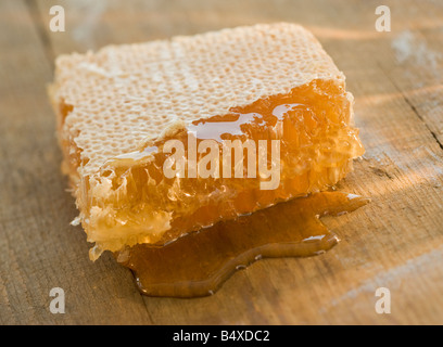 Nahaufnahme von Wabe Tropfen Honig Stockfoto