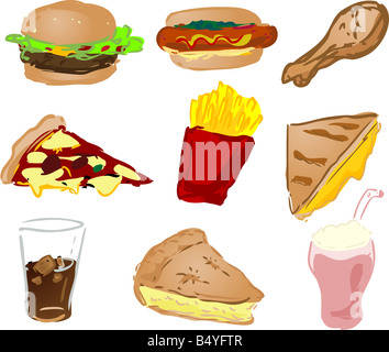 Fast-Food-Symbole hand gezeichneten Blick Hamburger Hotdog Brathähnchen Pizza Pommes frites gegrillter Käse Sandwich Cola Kuchen schütteln Stockfoto