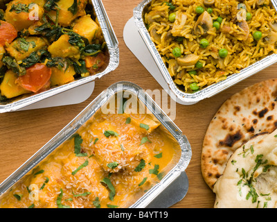 Auswahl indischer Take Away Speisen In Folie Container Stockfoto