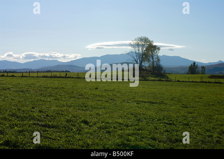 Vermont Landschaft mit Blick auf grüne Wiesen in Richtung Mt Mansfield und die grünen Berge Stockfoto