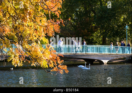 Herbstfärbung von Blue Bridge und Teich St James Park SW1 London Vereinigtes Königreich Stockfoto