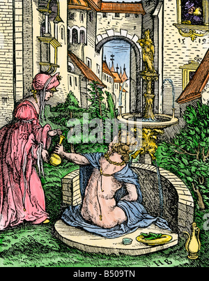 Europäische Garten von etwa 1515 dargestellt als Batseba baden. Hand - farbige Holzschnitt Stockfoto