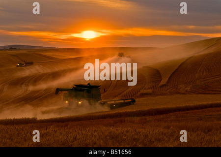 Ein Team von Mähdrescher erntet Weizen bei Sonnenuntergang auf den Hügeln der Palouse Region Washington Stockfoto