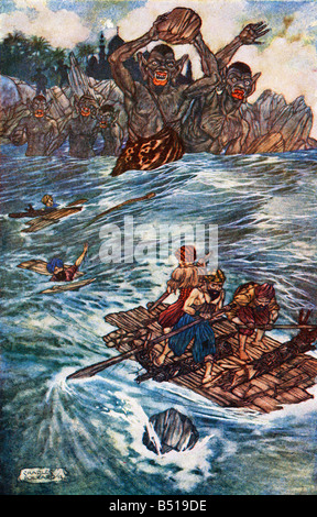 Die dritte Voyage of Sinbad der Seemann-Illustration von Charles Folkard aus dem Buch The Arabian Nights veröffentlicht 1917 Stockfoto