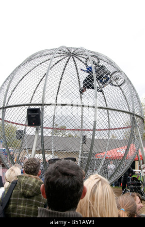 Globus Motorradfahrer fahren Motorrad Fahrrad Motorrad Zirkusnummer zeigen Wand Tod Stunt Stunts auf den Kopf gestellt Stockfoto