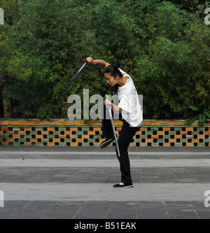 Eine Dame praktiziert Tai Chi Schwert im Beihai-Park, Peking, China. 16. Juni 2008 Stockfoto