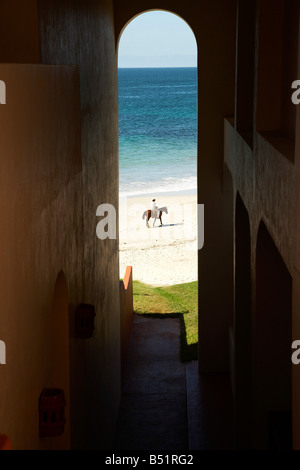 Mann Reiten Pony am Strand, Fairmont Rancho Banderas, Bahia de Banderas, Nayarit, Mexiko Stockfoto