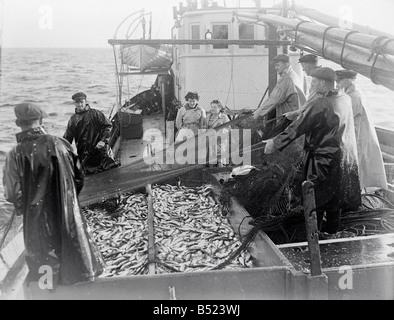 Hering-Fischereiflotte in Lerwick, Shetland-Inseln. 1950; Freda Adamson, 20 und Peggy McKay, 17, Hering Packer beobachten der Fang wird an Bord der "Betty Leslie" geschleppt; 024442/10; Stockfoto