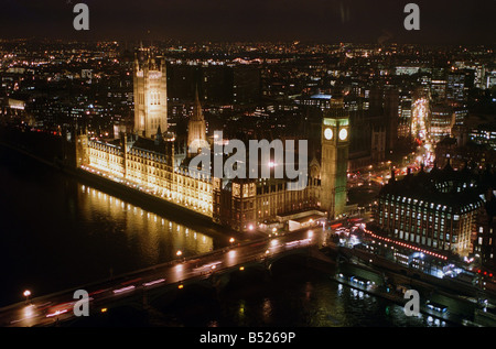 London Eye Millennium Wheel nachts Februar 2000 gegenüber dem Parlament suchen Stockfoto