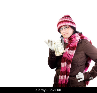 Erwachsene Weihnachten Frau denken in was zu kaufen, halten eine Dollar-note Stockfoto