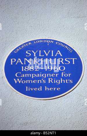 mehr London Grafschaftsrat blaue Plakette Kennzeichnung eine ehemalige Heimat der Frauenrechtlerin Sylvia Pankurst, in London, England Stockfoto