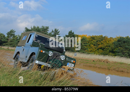 1950/60er Jahre Landrover Serie 2 / 2a 88 In Softtop überqueren einen überfluteten Waldweg. Stockfoto