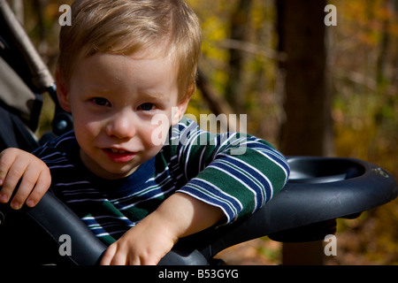 Fröhlicher Junge sitzt im Kinderwagen mit Herbst im freien Hintergrund Stockfoto