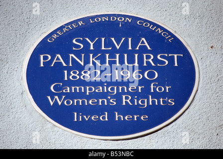 mehr London Grafschaftsrat blaue Plakette Kennzeichnung eine ehemalige Heimat der Frauenrechtlerin Sylvia Pankurst, in London, England Stockfoto