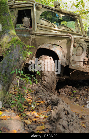 Muddy Land Rover Defender 110 fest auf einen Waldweg in das Weserbergland. Stockfoto