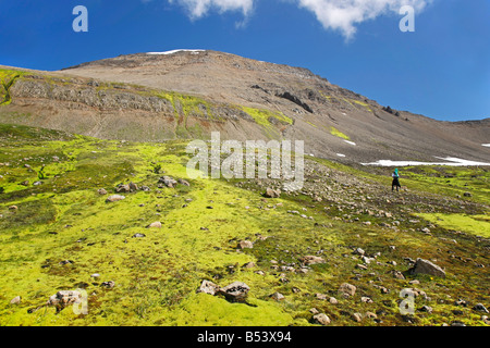 Mann auf einen schönen Berg mit unberührten Gelände wandern Stockfoto