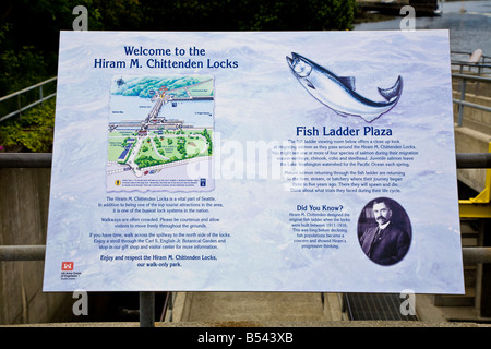 Willkommen Sie Schild am Hiran M. Chittenden Locks oder Ballard Locks in Salmon Bay nördlich von Seattle Washington Stockfoto