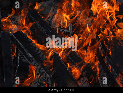 Stück Holz in einem Lagerfeuer sehr detailliert und die Textur auf das Holz und die Flammen brennen Stockfoto