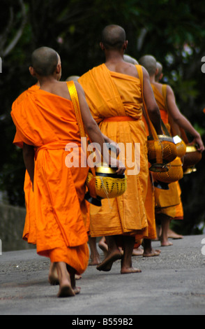 Mönche machen ihre täglichen Runden um Almosen von buddhistischen Anhänger In Luang Prabang zu erhalten Stockfoto